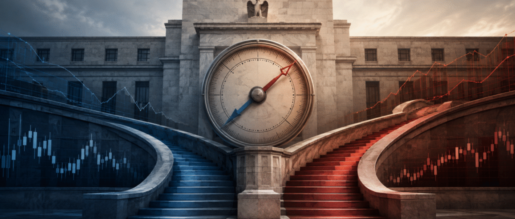A central-bank building with a policy dial and diverging blue and red stairways representing interest-rate cuts and hikes.