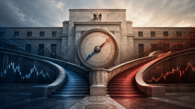 A central-bank building with a policy dial and diverging blue and red stairways representing interest-rate cuts and hikes.