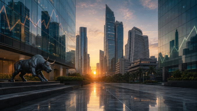 Bull sculpture in a modern Mumbai financial district at dawn, with abstract market lines reflected in glass buildings.