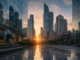 Bull sculpture in a modern Mumbai financial district at dawn, with abstract market lines reflected in glass buildings.