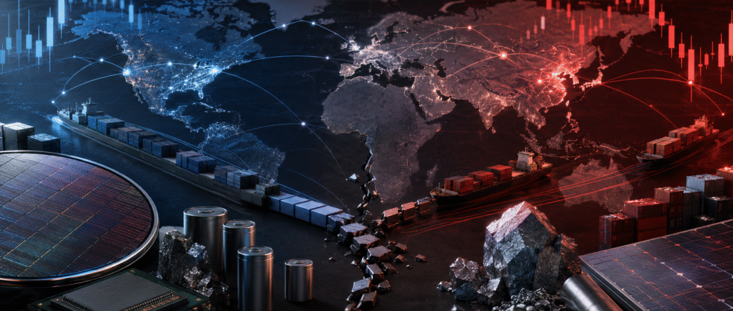 Editorial illustration of global trade routes, semiconductor chips, batteries, solar panels and critical minerals divided between blue and red economic spheres.