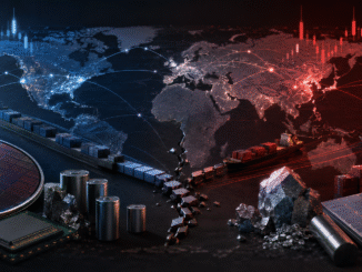 Editorial illustration of global trade routes, semiconductor chips, batteries, solar panels and critical minerals divided between blue and red economic spheres.