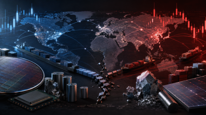 Editorial illustration of global trade routes, semiconductor chips, batteries, solar panels and critical minerals divided between blue and red economic spheres.