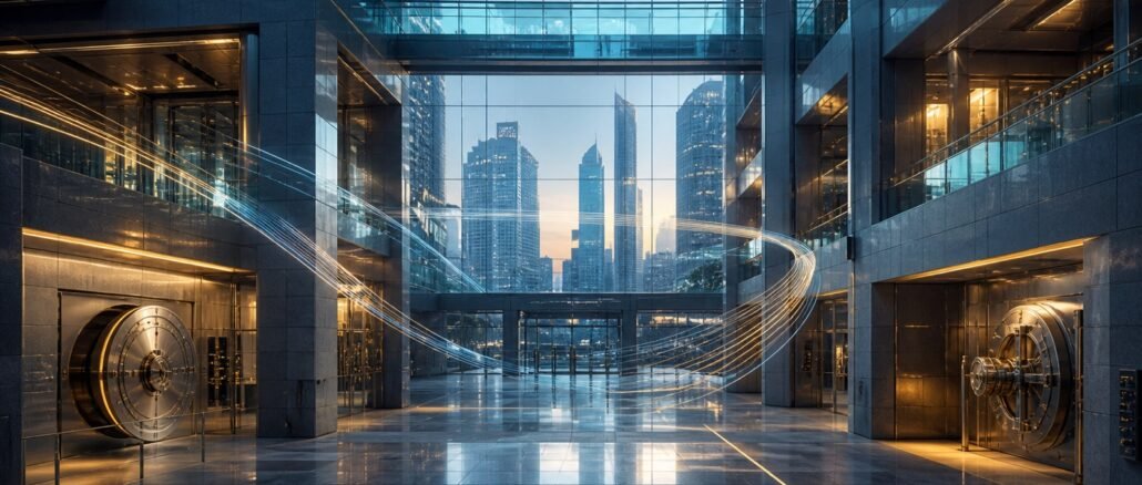 A modern glass banking atrium with secure vault doors and flowing light paths, symbolising resilient financial infrastructure and interconnected risk.