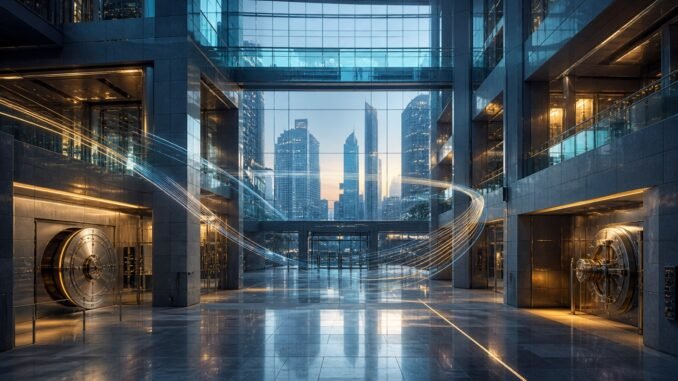 A modern glass banking atrium with secure vault doors and flowing light paths, symbolising resilient financial infrastructure and interconnected risk.