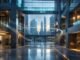 A modern glass banking atrium with secure vault doors and flowing light paths, symbolising resilient financial infrastructure and interconnected risk.