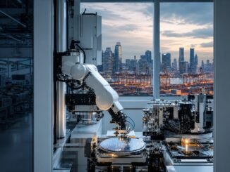 A robotic arm handling a silicon wafer inside an advanced Singapore semiconductor facility, with the city skyline and container port visible beyond.