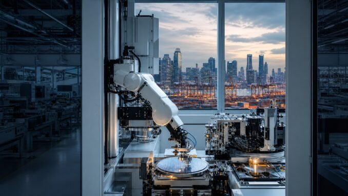 A robotic arm handling a silicon wafer inside an advanced Singapore semiconductor facility, with the city skyline and container port visible beyond.