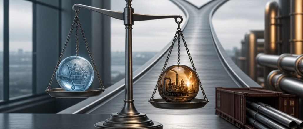 A balance scale weighing a cool consumer sphere against warm industrial cost pressures beside a forked path