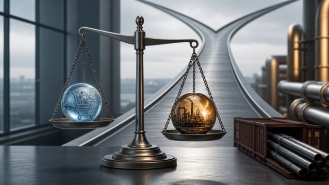 A balance scale weighing a cool consumer sphere against warm industrial cost pressures beside a forked path