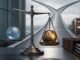 A balance scale weighing a cool consumer sphere against warm industrial cost pressures beside a forked path
