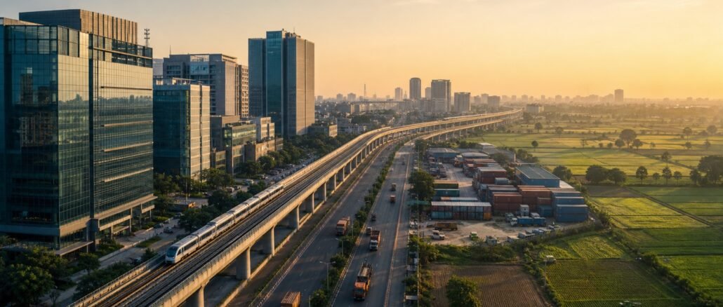 Modern Indian business district, elevated rail and logistics corridor beside agricultural fields at sunrise