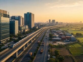 Modern Indian business district, elevated rail and logistics corridor beside agricultural fields at sunrise