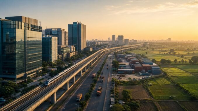 Modern Indian business district, elevated rail and logistics corridor beside agricultural fields at sunrise