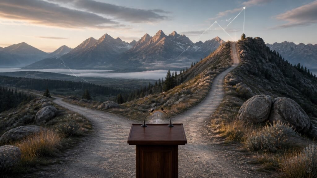 A mountain trail splitting into level and rising paths behind a central-bank lectern in Jackson Hole, symbolising the Federal Reserve’s interest-rate choice.