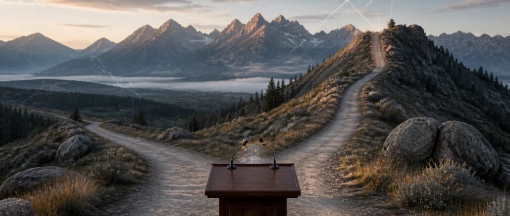 A mountain trail splitting into level and rising paths behind a central-bank lectern in Jackson Hole, symbolising the Federal Reserve’s interest-rate choice.