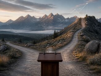 A mountain trail splitting into level and rising paths behind a central-bank lectern in Jackson Hole, symbolising the Federal Reserve’s interest-rate choice.