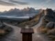 A mountain trail splitting into level and rising paths behind a central-bank lectern in Jackson Hole, symbolising the Federal Reserve’s interest-rate choice.
