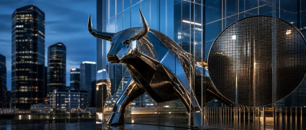 A reflective metal bull beside a semiconductor wafer in a modern Seoul financial district at blue hour.
