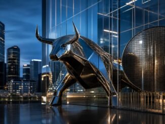 A reflective metal bull beside a semiconductor wafer in a modern Seoul financial district at blue hour.