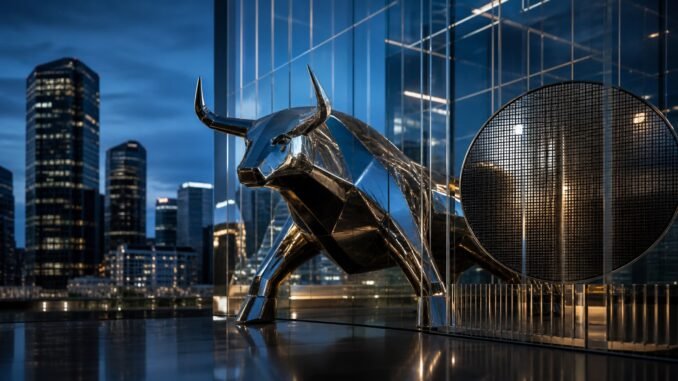 A reflective metal bull beside a semiconductor wafer in a modern Seoul financial district at blue hour.