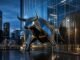 A reflective metal bull beside a semiconductor wafer in a modern Seoul financial district at blue hour.