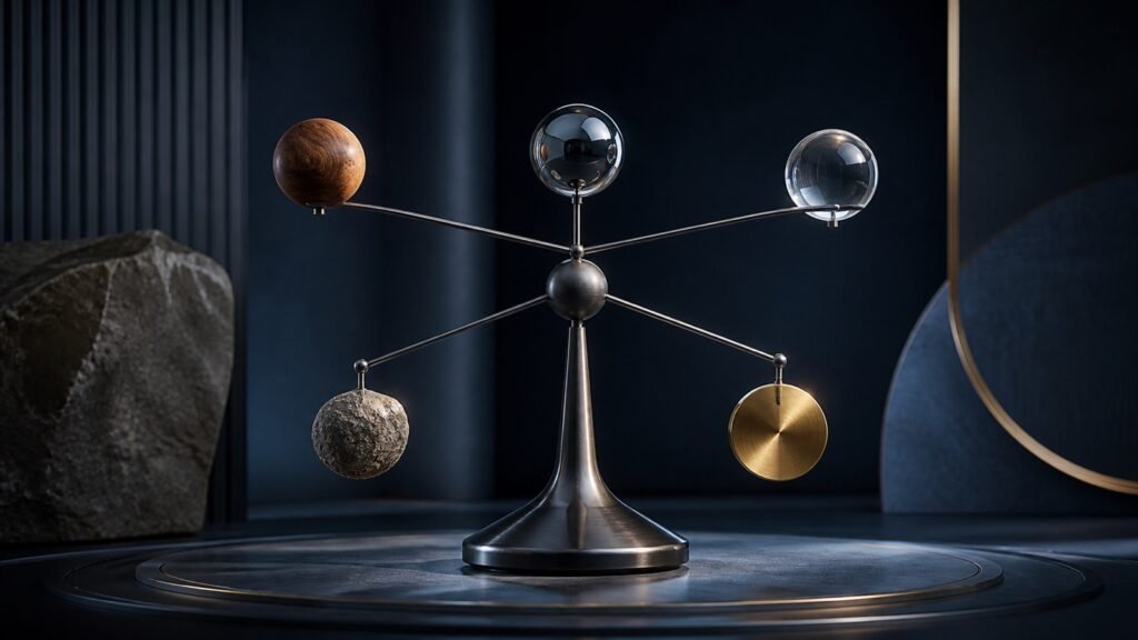 A balanced metal structure holding spheres made of wood, glass, stone and gold, symbolising a diversified multi-asset portfolio.