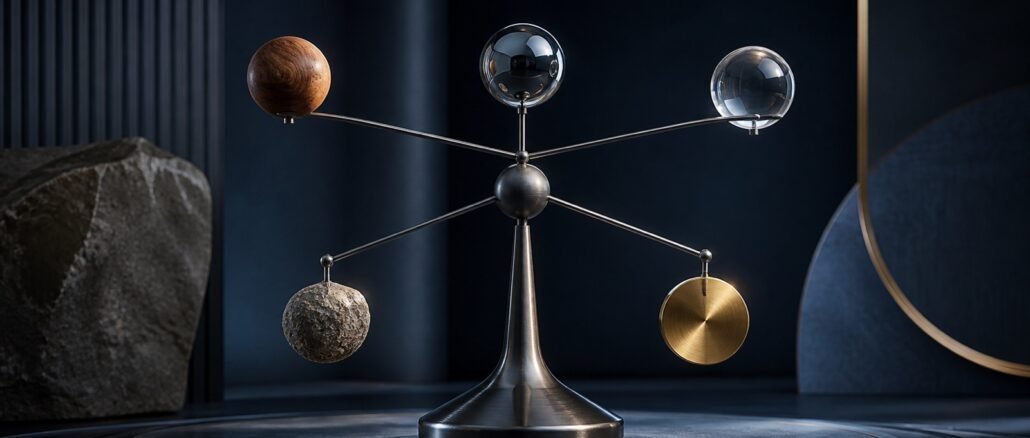 A balanced metal structure holding spheres made of wood, glass, stone and gold, symbolising a diversified multi-asset portfolio.