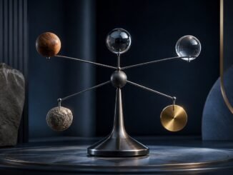 A balanced metal structure holding spheres made of wood, glass, stone and gold, symbolising a diversified multi-asset portfolio.