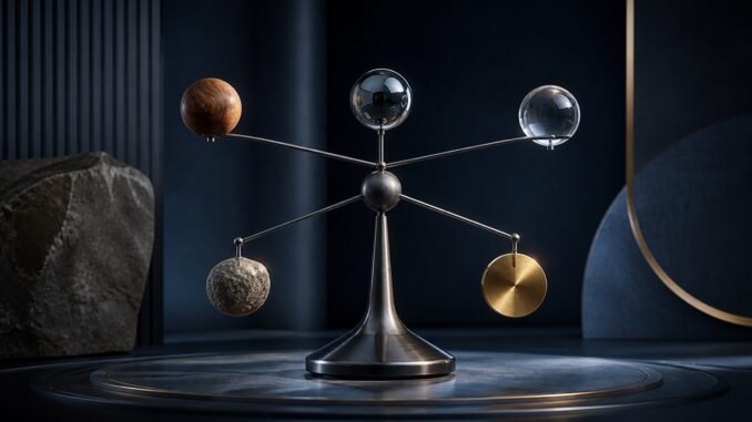 A balanced metal structure holding spheres made of wood, glass, stone and gold, symbolising a diversified multi-asset portfolio.