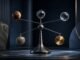 A balanced metal structure holding spheres made of wood, glass, stone and gold, symbolising a diversified multi-asset portfolio.