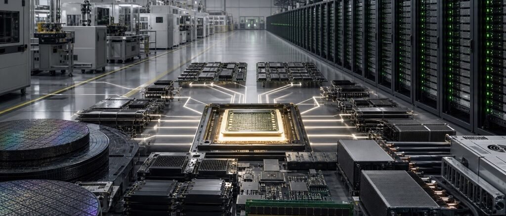 Semiconductor wafers, AI computing modules and data-centre racks converging around a central processor in a large industrial facility