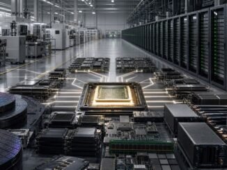 Semiconductor wafers, AI computing modules and data-centre racks converging around a central processor in a large industrial facility