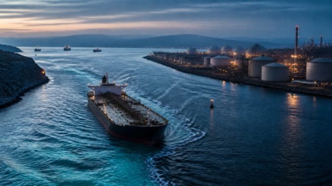 An unbranded oil tanker navigating a narrow shipping channel beside refinery storage tanks at dawn.