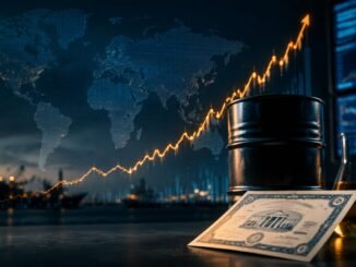 An oil barrel and government bond certificate on a trading desk, with an amber market line rising over a world map and port infrastructure.