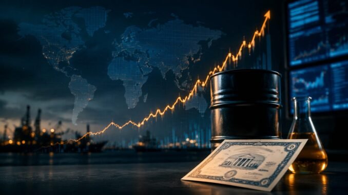 An oil barrel and government bond certificate on a trading desk, with an amber market line rising over a world map and port infrastructure.