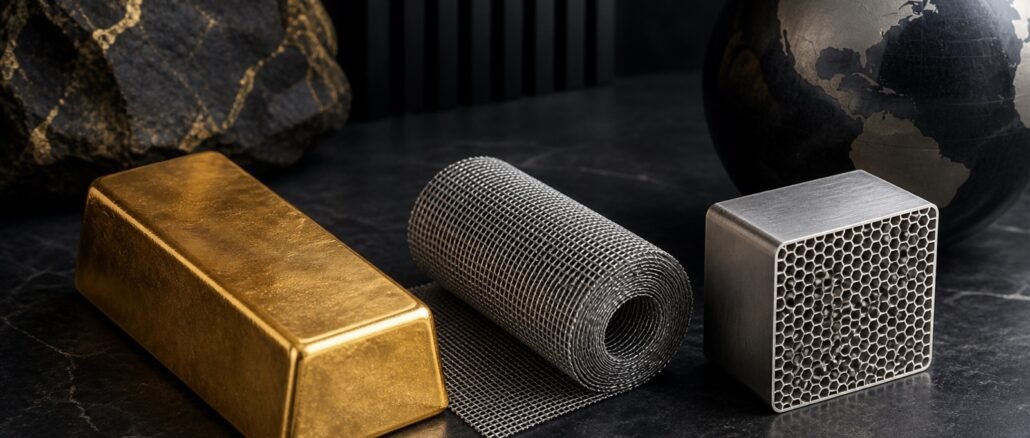 A gold bar, silver industrial mesh and platinum-toned catalytic honeycomb arranged on a dark global market backdrop.
