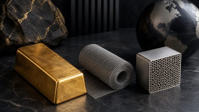 A gold bar, silver industrial mesh and platinum-toned catalytic honeycomb arranged on a dark global market backdrop.