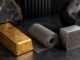 A gold bar, silver industrial mesh and platinum-toned catalytic honeycomb arranged on a dark global market backdrop.