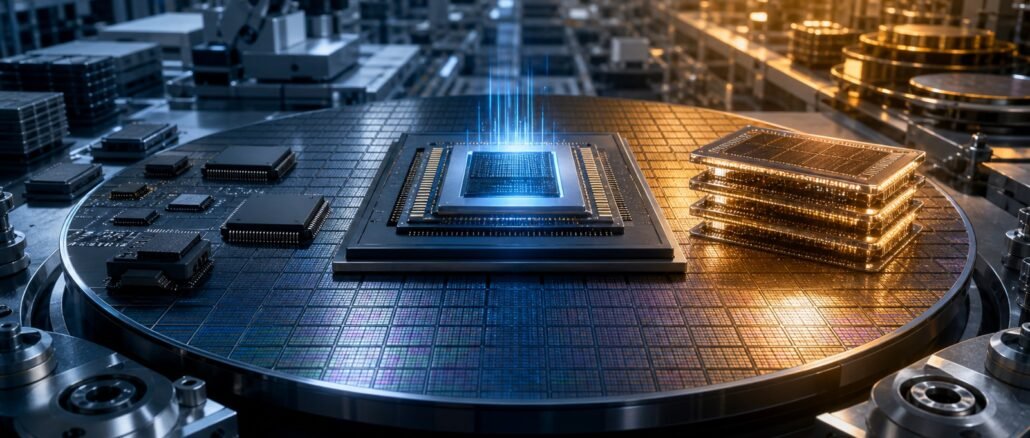 Advanced processor and stacked memory chips on a silicon wafer inside a semiconductor fabrication facility, illustrating the industry’s two-speed expansion.