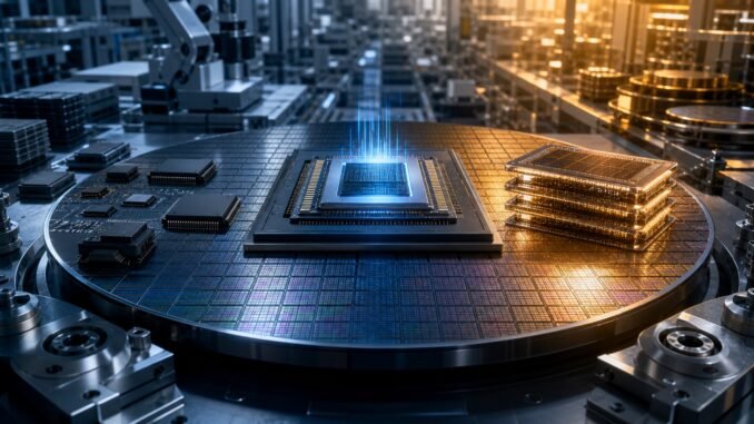 Advanced processor and stacked memory chips on a silicon wafer inside a semiconductor fabrication facility, illustrating the industry’s two-speed expansion.