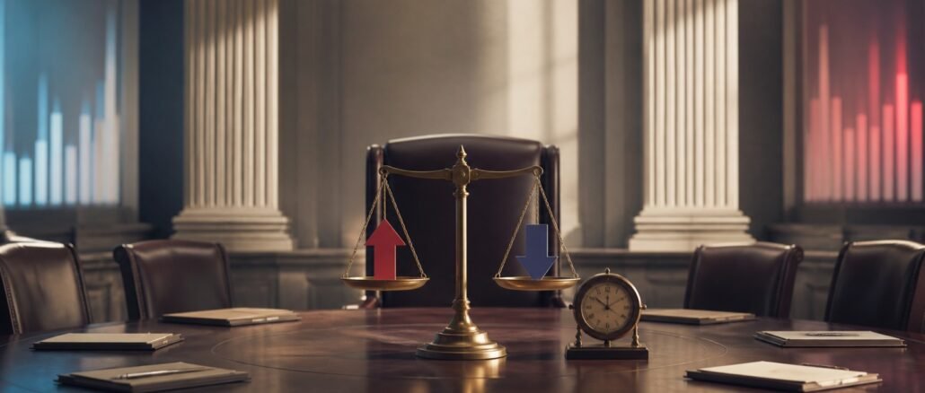 A balance scale weighing upward and downward arrows on a central-bank conference table before an approaching policy decision.