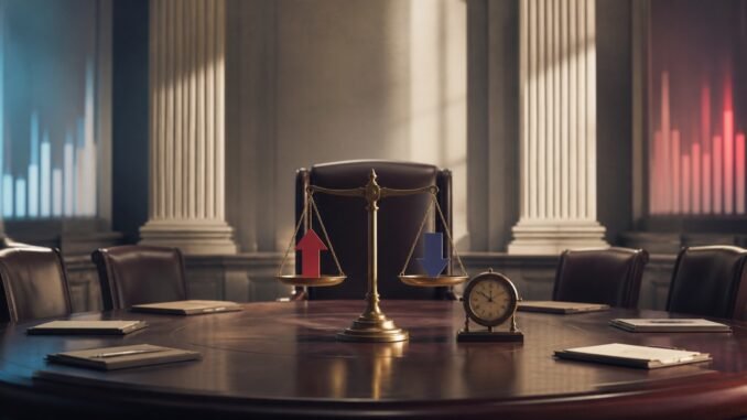 A balance scale weighing upward and downward arrows on a central-bank conference table before an approaching policy decision.