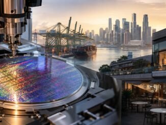 A semiconductor wafer fabrication machine overlooking Singapore’s port and skyline, with quiet retail and dining spaces illustrating the economy’s uneven growth.