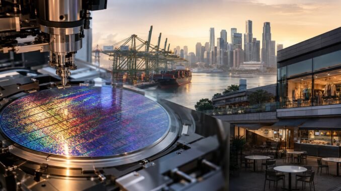 A semiconductor wafer fabrication machine overlooking Singapore’s port and skyline, with quiet retail and dining spaces illustrating the economy’s uneven growth.