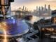 A semiconductor wafer fabrication machine overlooking Singapore’s port and skyline, with quiet retail and dining spaces illustrating the economy’s uneven growth.