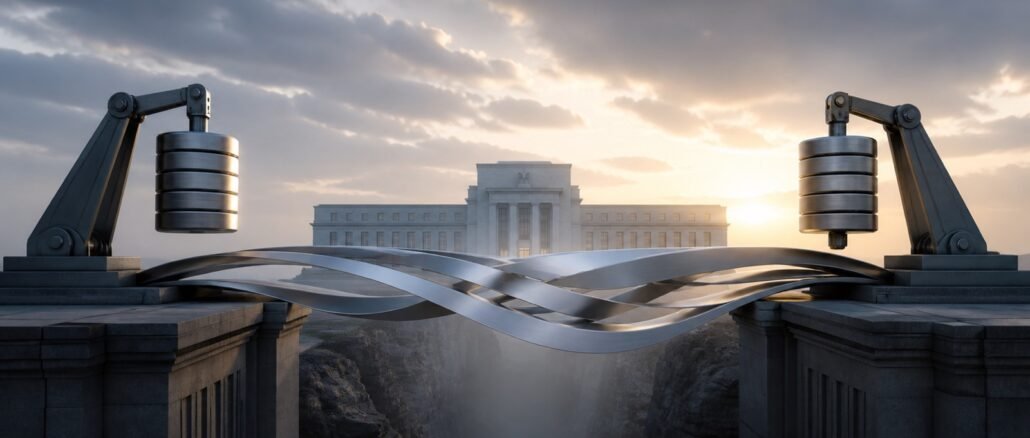 Two mechanical counterweights balance an abstract steel-ribbon bridge in front of a central-bank building at sunrise.