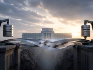 Two mechanical counterweights balance an abstract steel-ribbon bridge in front of a central-bank building at sunrise.