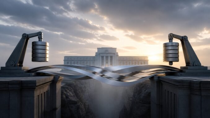 Two mechanical counterweights balance an abstract steel-ribbon bridge in front of a central-bank building at sunrise.