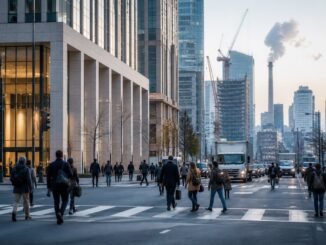Commuters cross a city business district street as office towers, trucks and construction cranes illustrate the U.S. economy and a slowing hiring engine.